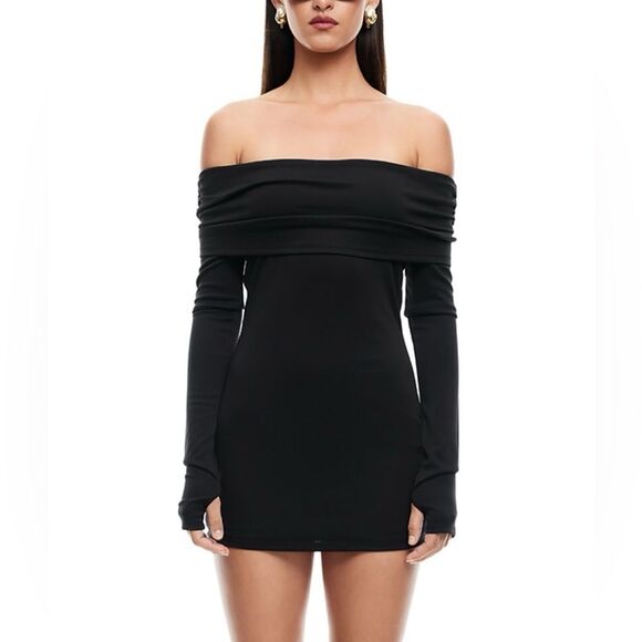 Lioness Isadora Black Dress Off Shoulder Fold Over Mini Bodycon Clubwear Sm NWT - Picture 1 of 13